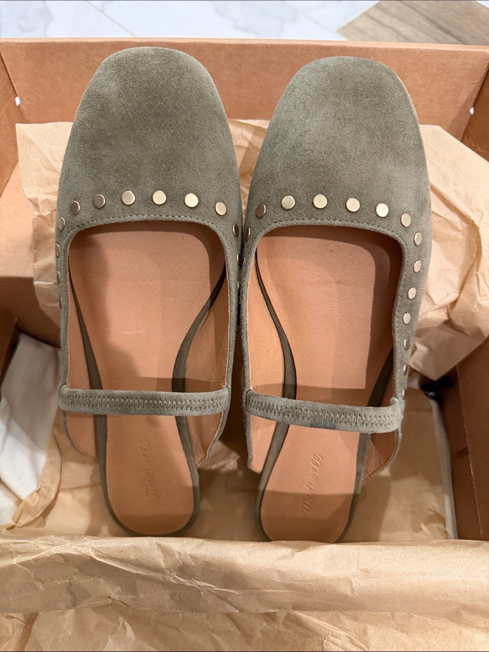 Madewell Olive Suede Studded Mary Jane Mules - Picture 3 of 3